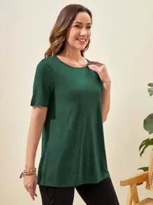EMERY ROSE Camiseta unicolor bajo con abertura - Verde Oscuro - Ver 4