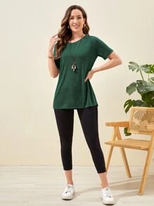 EMERY ROSE Camiseta unicolor bajo con abertura - Verde Oscuro - Ver 5