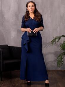 MIUSOL Plus Contrast Lace Ruffle Trim Split Thigh Dress - Navy Blue - View 6