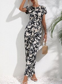 SHEIN VCAY Allover Floral Print Knot Detail Jumpsuit - Black - View 5