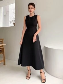 Vestido A-línea Sólido Con Cremallera En La Espalda - Negro - Ver 1