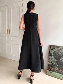 Vestido A-línea Sólido Con Cremallera En La Espalda - Negro - Ver 2