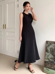 Vestido A-línea Sólido Con Cremallera En La Espalda - Negro - Ver 7