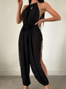 Slaydiva Summer Beach Split Thigh Belted Halter Cover Up Jumpsuit
