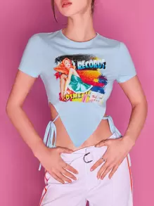 SHEIN ICON Figure & Letter Graphic Knot Side Tee - Baby Blue - View 1