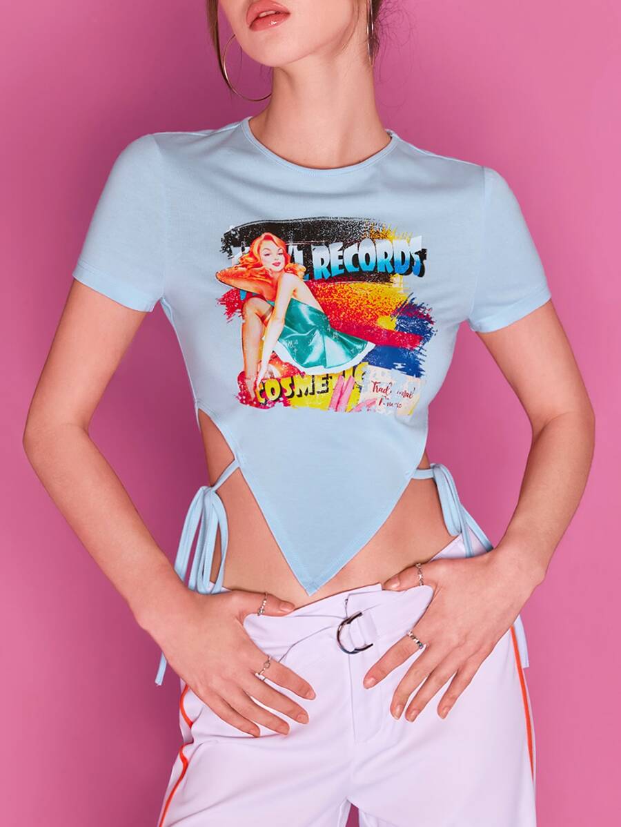 SHEIN ICON Figure & Letter Graphic Knot Side Tee - Baby Blue - View 1