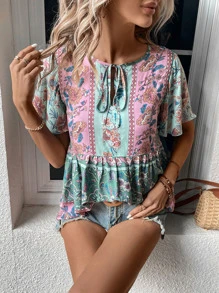 Breezaya 印花繫帶領荷葉邊下擺襯衫 - 彩色 - 查看 6