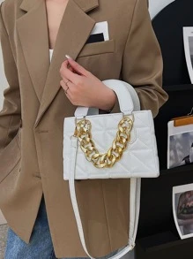 靜謐奢華拼接鏈條裝飾方形包,適用於教師禮物、女性、新手和白領工人、女性商務/通勤/工作/辦公室、節日/假期包包 - 白色 - 查看 2