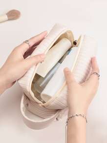 1pc Cream Cloud Advanced Portable Large Capacity Travel Storage Makeup Bag For Women Girls - Beige - View 4