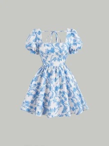 SHEIN MOD Đầm Lộ Lưng Buộc lại Hoa Tất cả trên in Dễ thương - Xanh và trắng - Xem 1