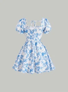 SHEIN MOD Đầm Lộ Lưng Buộc lại Hoa Tất cả trên in Dễ thương - Xanh và trắng - Xem 2