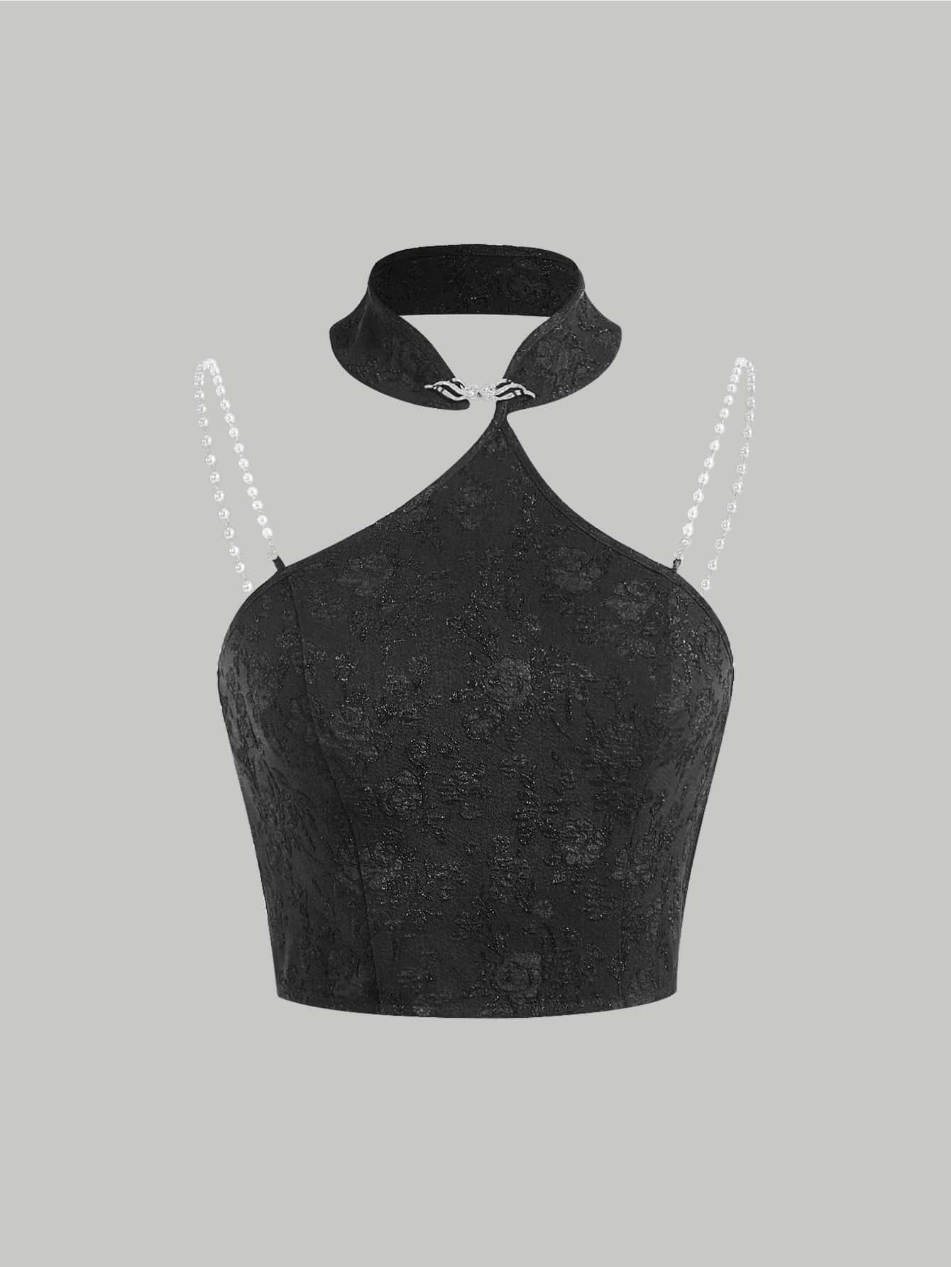 SHEIN MOD Áo hai dây Lộ Lưng Ngọc trai Pha lê kim cương Dây kéo màu trơn Thanh lịch - màu đen - Xem 1