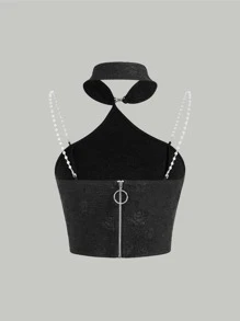 SHEIN MOD Áo hai dây Lộ Lưng Ngọc trai Pha lê kim cương Dây kéo màu trơn Thanh lịch - màu đen - Xem 2