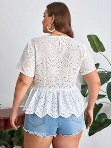 SHEIN VCAY Plus Floral Embroidery Peplum Schiffy Blouse - White - View 2