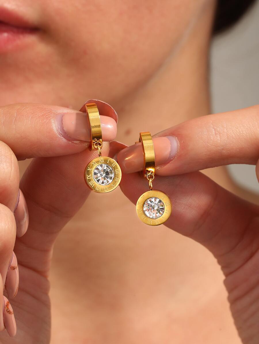 羅馬數字細節方晶鋯石裝飾耳墜 - 金黃色 - 查看 1