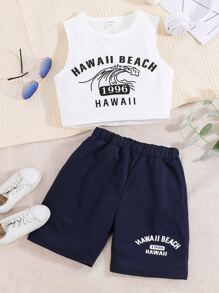 SHEIN Girls Letter Graphic Tank Top & Shorts - Blue and White - View 1