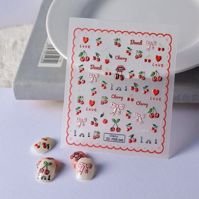 1sheet Cherry & Bow Pattern Nail Art Sticker