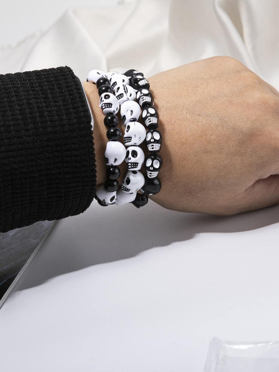 男士骷髏裝飾串珠手鏈 - 彩色 - 查看 1