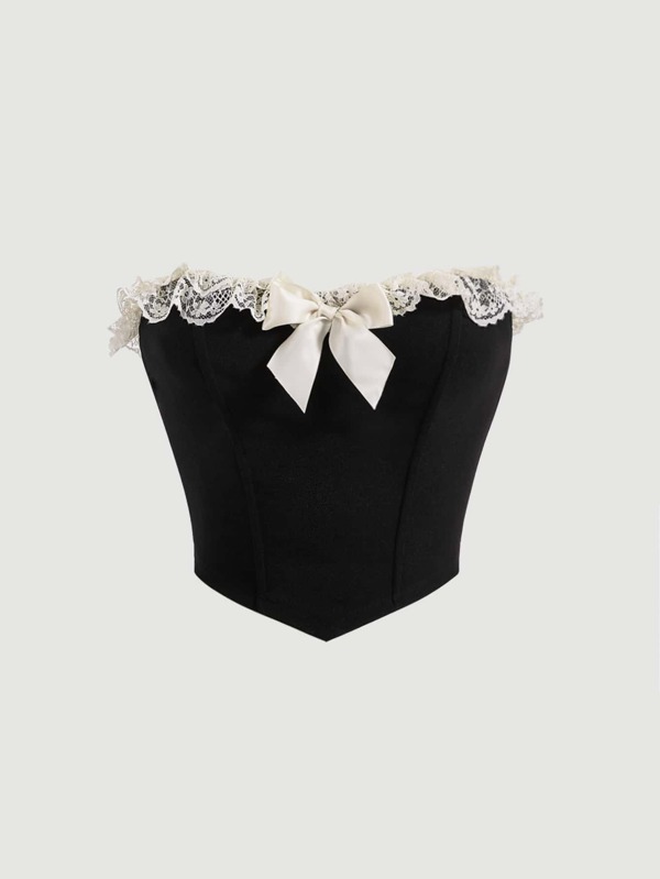SHEIN MOD Top Tubular Estructurado De Corsé Con Corbata De Moño De Encaje De Contraste Y Dobladillo Estilo Pañuelo