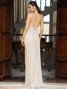 LOVE&LEMONADE Bridesmaid Dresses Backless Diikat Zip Split Thigh Plain Glamor - Perak - View 3
