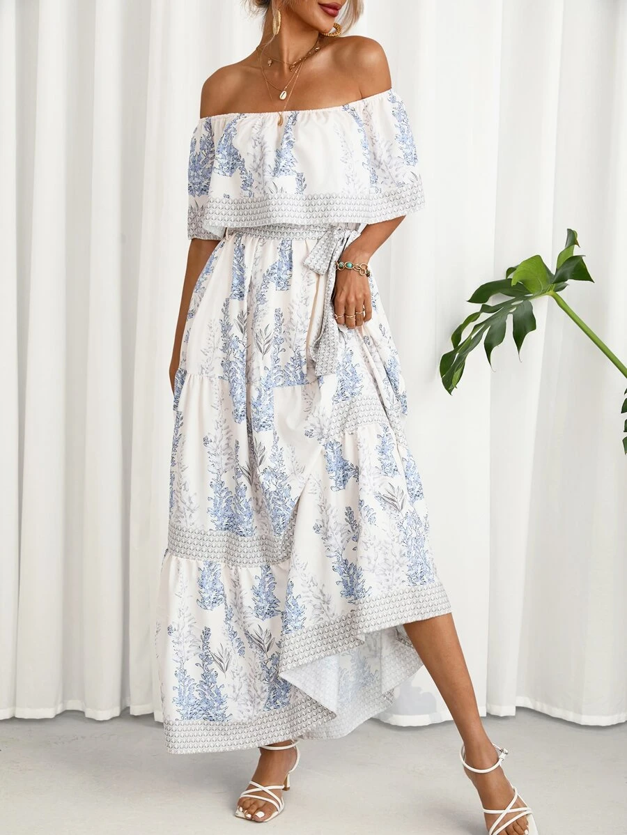 Aveloria Plants Print Off Shoulder Ruffle Hem Dress - White - View 1