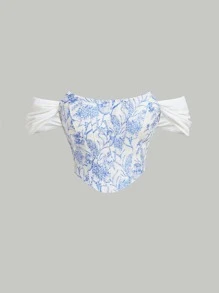 SHEIN MOD Áo nữ Bất đối xứng Ren lên Xù Dây kéo Thùa khuyết Hoa Thanh lịch - Xanh và trắng - Xem 1