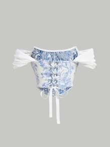 SHEIN MOD Áo nữ Bất đối xứng Ren lên Xù Dây kéo Thùa khuyết Hoa Thanh lịch - Xanh và trắng - Xem 2