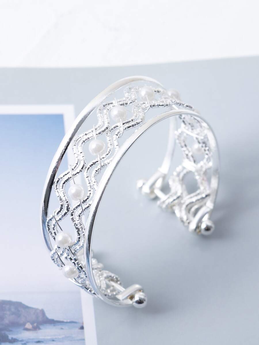 Faux Pearl Decor Hollow Out Cuff Bangle - Silver - View 1