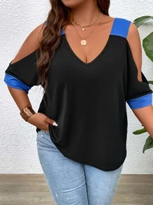 SHEIN LUNE Áo thun Plus size Cắt ra Khối Màu Giải trí - màu đen - Xem 1