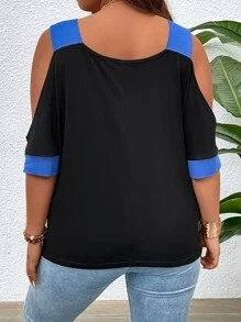 SHEIN LUNE Áo thun Plus size Cắt ra Khối Màu Giải trí - màu đen - Xem 2