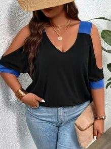 SHEIN LUNE Áo thun Plus size Cắt ra Khối Màu Giải trí - màu đen - Xem 3