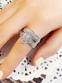 2 件/套 魅力方晶锆石戒指套装 适合女士 适合婚礼 订婚 周年纪念派对 珠宝 情人节礼物、妈妈、母亲、母亲节、礼物 - 銀色 - 查看 4