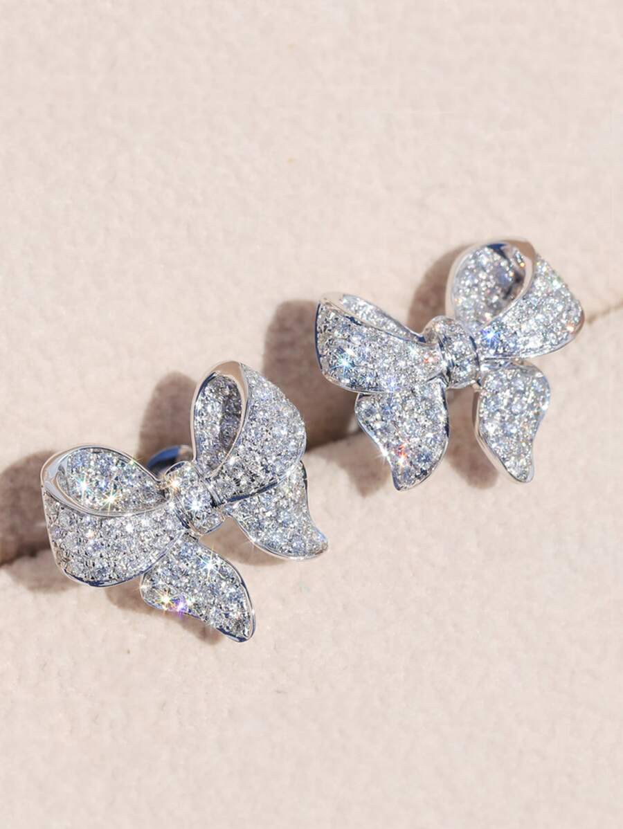 Cubic Zirconia Bow Stud Earrings - Silver - View 1