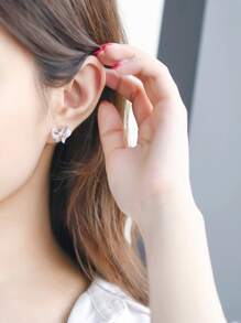 Cubic Zirconia Bow Stud Earrings - Silver - View 4