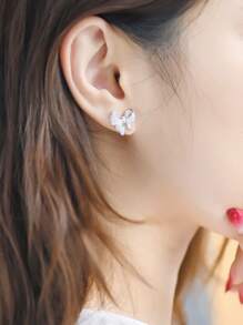 Cubic Zirconia Bow Stud Earrings - Silver - View 5