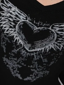 Camiseta corta grunge con estampado de corazón y ala tejido de canalé - Negro - Ver 3