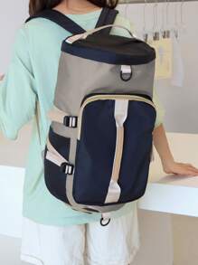 Mochila funcional de color combinado con diseño de hebilla - Gris - Ver 1