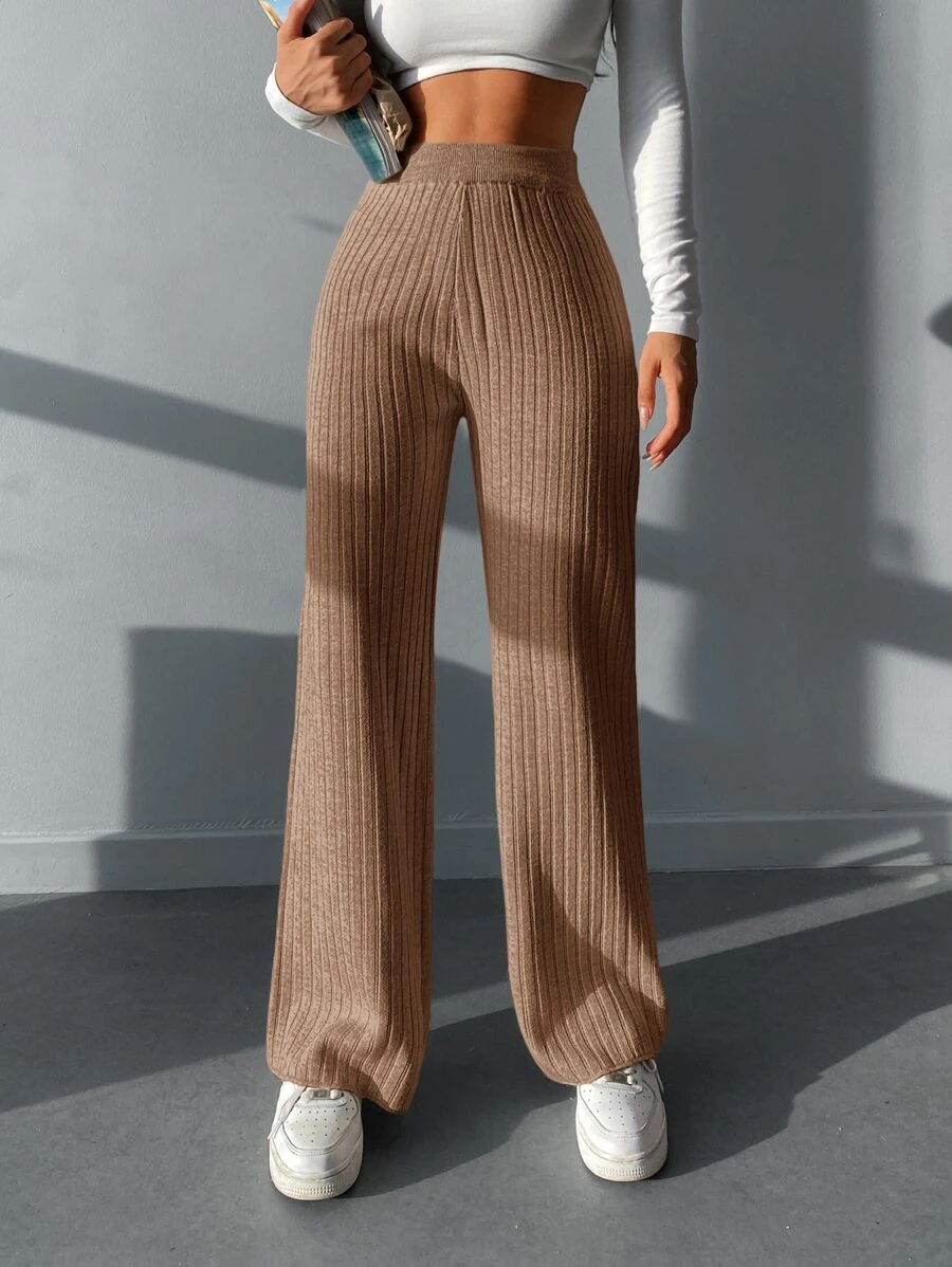 RueChic Pantalones unicolor tejido de canalé - Camel - Ver 1