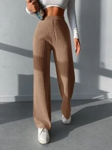 RueChic Pantalones unicolor tejido de canalé - Camel - Ver 4