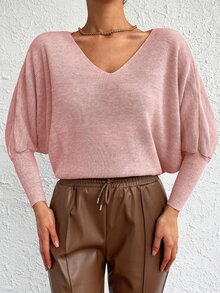 EURMUSE Solid Cut Out Batwing Sleeve Jumper - Pink - View 3