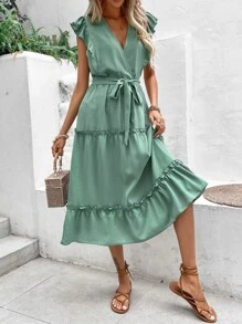 SHEIN VCAY Vestido con cinturón de manga mariposa bajo con fruncido - verde menta - Ver 6
