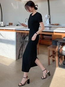 DAZY Set de 2 piezas: Blusa de manga corta y falda de estilo casual de negocios para mujer - Negro - Ver 2