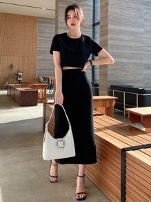 DAZY Set de 2 piezas: Blusa de manga corta y falda de estilo casual de negocios para mujer - Negro - Ver 7