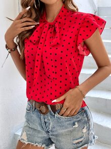 SHEIN Clasi 波點圖案繫帶領蝴蝶袖襯衫 - 紅色 - 查看 4