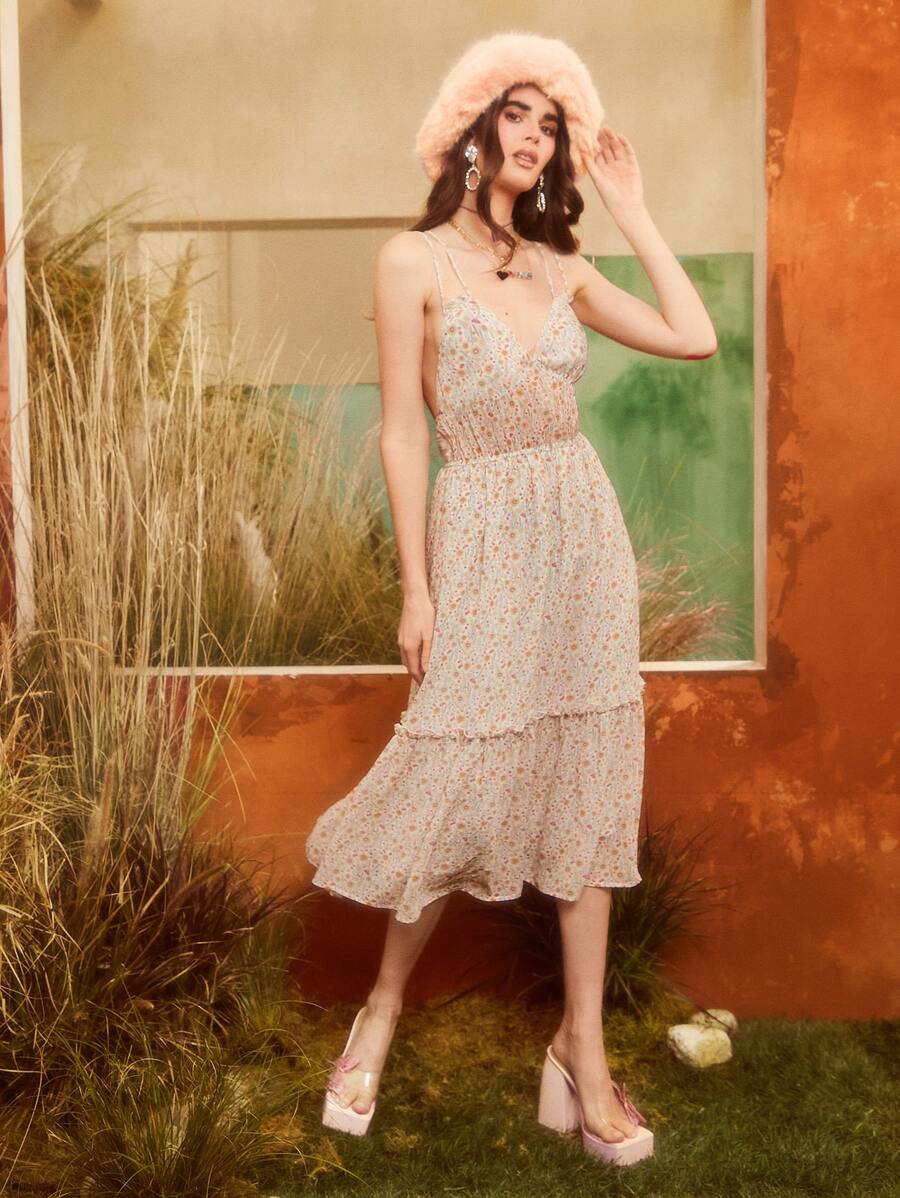 Victoria Isabelle 1pc Ditsy Floral Print Ruffle Hem Cami Dress - Multicolor - View 1