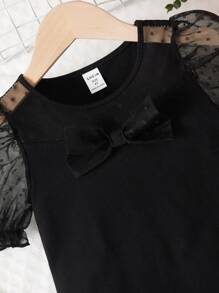 SHEIN Tops con gái lớn Tương phản Mesh viền lá sen Nơ trước màu trơn Dễ thương - màu đen - Xem 4