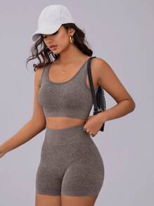 Easithlete Bộ đồ tập yoga liền mạch 2 món Áo ngực thể thao hở lưng Quần short bó sát hông Bộ đồ tập luyện cho nữ - Màu nâu  Mocha - Xem 7