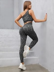 Conjunto deportivo inconsútil con estampado de leopardo - Negro - Ver 2