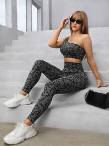 Conjunto deportivo inconsútil con estampado de leopardo - Negro - Ver 5