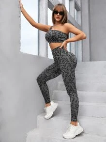 Conjunto deportivo inconsútil con estampado de leopardo - Negro - Ver 4